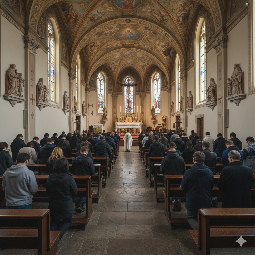 Church interior with people in prayer